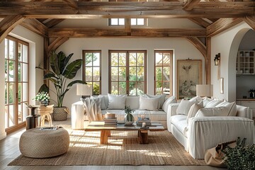Farmhouse Chic Living Room with rustic wood beams, farmhouse-style furniture, and cozy, country-inspired decor in a charming rural home. Farmhouse chic home decor.