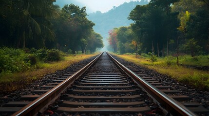 Obraz premium Converging Railway Tracks in Scenic Autumn Landscape