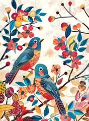 Obraz premium Two Birds Perched On Colorful Branch With Flowers