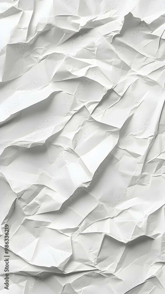 Poster Crumpled White Paper Texture, a close-up view of intricately folded and wrinkled white paper, showcasing its unique surface patterns and shadows.