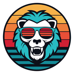 Vector art Cool sunset lion-skull wearing sun glass, illustration, T - shirt design, retro vintage style on white background