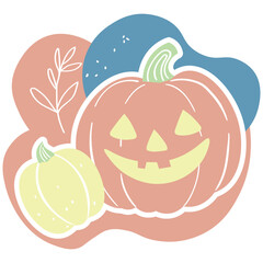 Happy Halloween. Sticker with pumpkins. Cute pumpkin with a cut out face. Magical Halloween festival elements for decoration, prints.
