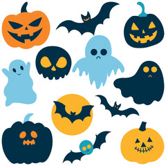 Happy Halloween sticker set vector. Cute collection of creepy ghosts, pumpkin, bat, skull. Magical Halloween festival elements for decoration, prints.