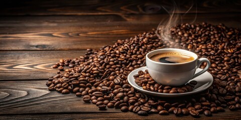 Naklejka premium A cup of hot coffee surrounded by coffee grains on a dark wooden surface with copy space