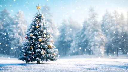 A festive Christmas tree adorned with ornaments and a star, set against a snowy background.