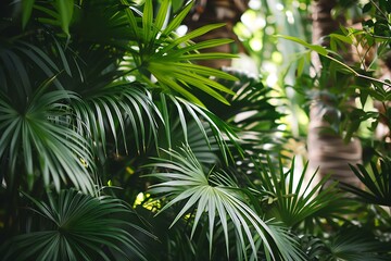 Naklejka premium Green Lush Palm Leaves in Tropical Rainforest