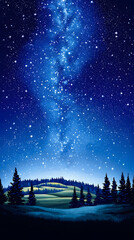 Fototapeta premium A serene night sky filled with stars over a tranquil landscape featuring rolling hills and tall trees