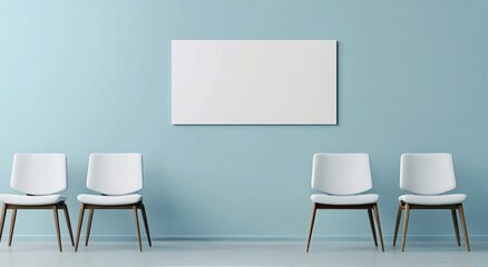 Modern waiting area with minimalist design featuring white chairs and a blank wall in light blue