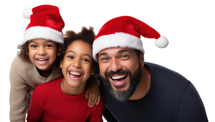 Cheerful Latin family of single father with his two children wearing Santa hat