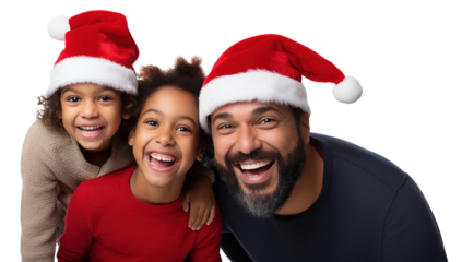 Cheerful Latin family of single father with his two children wearing Santa hat