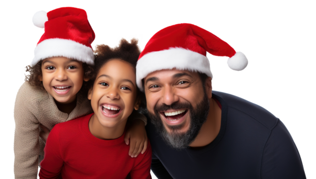 Cheerful Latin family of single father with his two children wearing Santa hat - Powered by Adobe