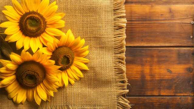 Bright sunflowers on burlap fabric with rustic wooden background