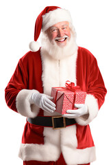 Cheerful Santa Claus holding gift box for Christmas and smiling