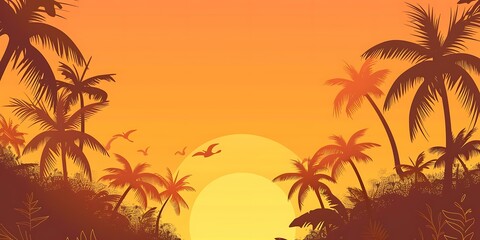 Fototapeta premium Silhouette of Palm Trees at Sunset with Birds Flying