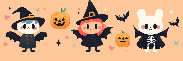 Cute kawaii illustration of children with various halloween costume pattern with jack o lantern pumpkin