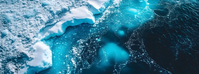 An aerial view of an iceberg floating in the water, showcasing its massive size and intricate details. The cold blue tones of the ice contrast with the dark ocean waters.