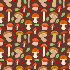 Seamless pattern with mushrooms on brown background, cute background or wallpaper autumn theme