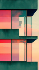 Modern building with large windows reflecting a colorful sunset.