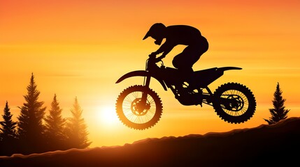 Motocross Rider in Action, a dynamic silhouette of a rider soaring through the air above a dirt track, showcasing skill and adrenaline.