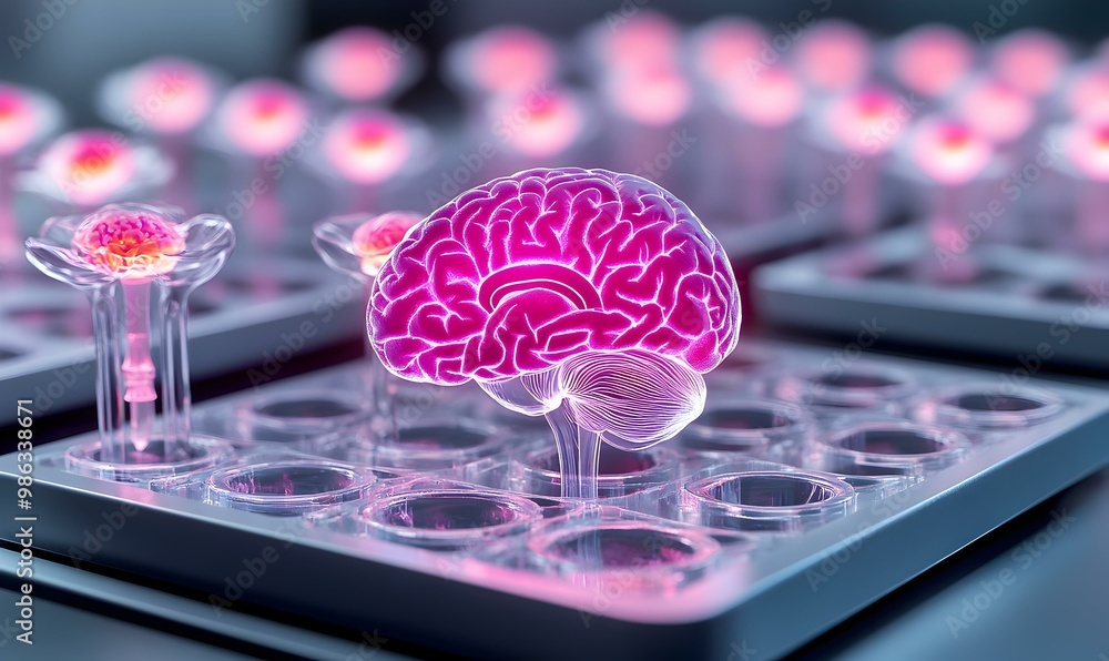 Poster organoid brain development in stem cell research, showcasing the intricate growth patterns and cellu