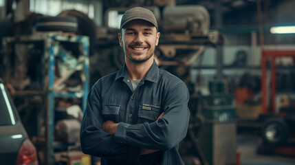 Male mechanic stands proudly with his arms crossed in a workshop filled with tools and vehicles. Man shows professionalism , can repair, fix car
