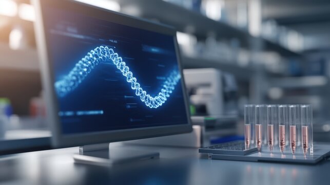 A modern laboratory setup featuring a computer displaying DNA sequences and a rack of test tubes, emphasizing scientific research and biotechnology.