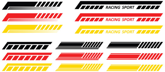 Yellow Golden Black racing sport car strips arrow and race line decals for speed. Vector race car, auto, motorcycle, bike vinyl stickers and lines. Racing start and finish flag