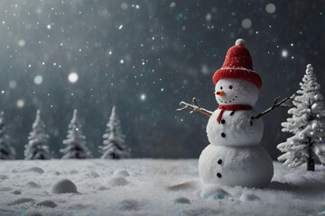 Fototapeta premium snowman in the snow showers background, winter seasonal environment landscape