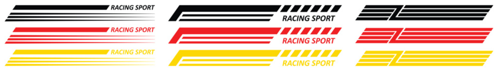 Yellow Golden Black racing sport car strips arrow and race line decals for speed. Vector race car, auto, motorcycle, bike vinyl stickers and lines. Racing start and finish flag