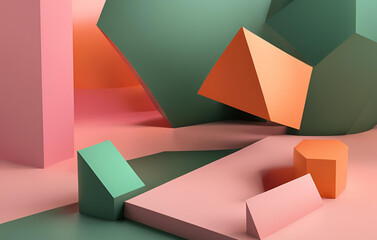 3d render geometric mockup background, A colorful building with a plant and a house with a plant in it, A pink paper with orange squares on it, A colorful box with a box on it that says the word on it
