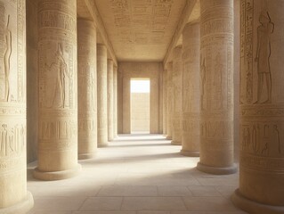 Elegant Long Hallway with Architectural Columns, Bathed in Soft Light, Showcasing Symmetry and Depth in a Timeless Interior Space