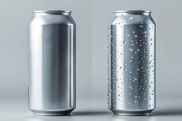 Aluminum can with water drops on grey background.