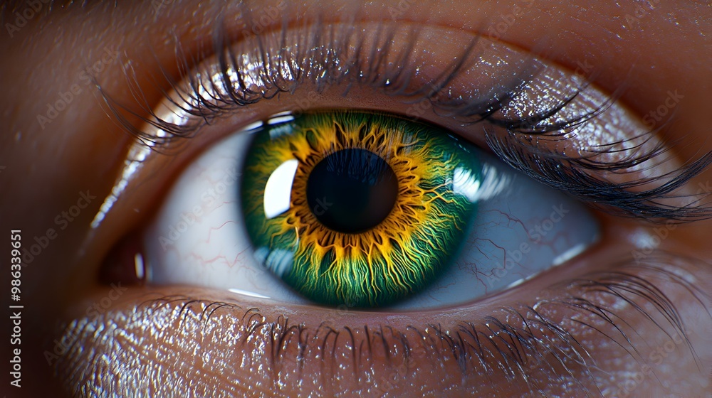 Poster intricate eye iris detail, close-up view showcasing vibrant colors and complex patterns, highlightin