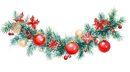 A festive arrangement of Christmas decorations featuring red ornaments, holly, and pine branches.