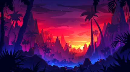 Digital Art Illustration of a Tropical Sunset with Palm Trees and Mountains