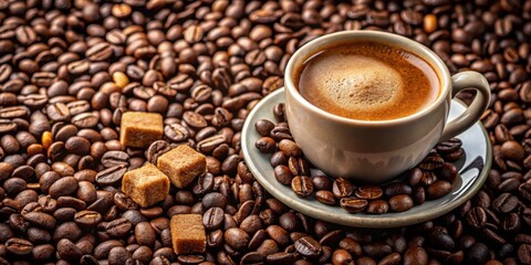 Fototapeta premium A close-up photo of a coffee cup surrounded by beans and brown sugar