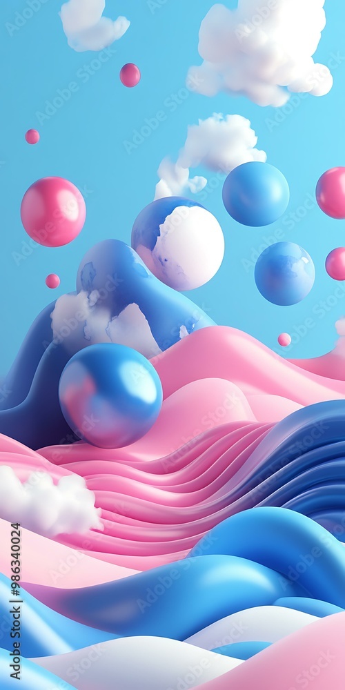 Poster Abstract 3D Rendering Of Blue Pink And White Waves With Floating Spheres