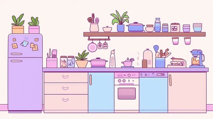 A colorful, modern kitchen featuring appliances, plants, and neatly arranged snacks, creating a vibrant and inviting culinary space.