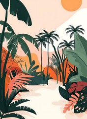 Tropical Jungle Landscape Illustration with Palm Trees and Lush Foliage