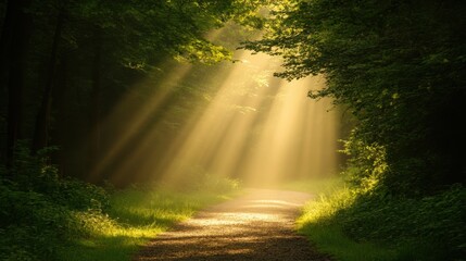 Obraz premium A serene forest path illuminated by soft sunlight filtering through the trees, creating a peaceful and enchanting atmosphere.