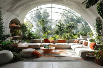 Futuristic Bio-Dome Living Room with a lush indoor ecosystem, transparent dome ceiling, and a futuristic, eco-conscious design. Futuristic bio-dome home decor. 