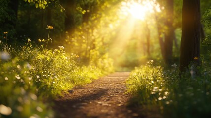 Obraz premium A serene forest path illuminated by soft sunlight, surrounded by vibrant greenery and blooming flowers, inviting tranquility and exploration.
