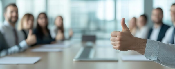 Group of professionals in a boardroom, giving a thumbs up after closing a major deal   business success, teamwork