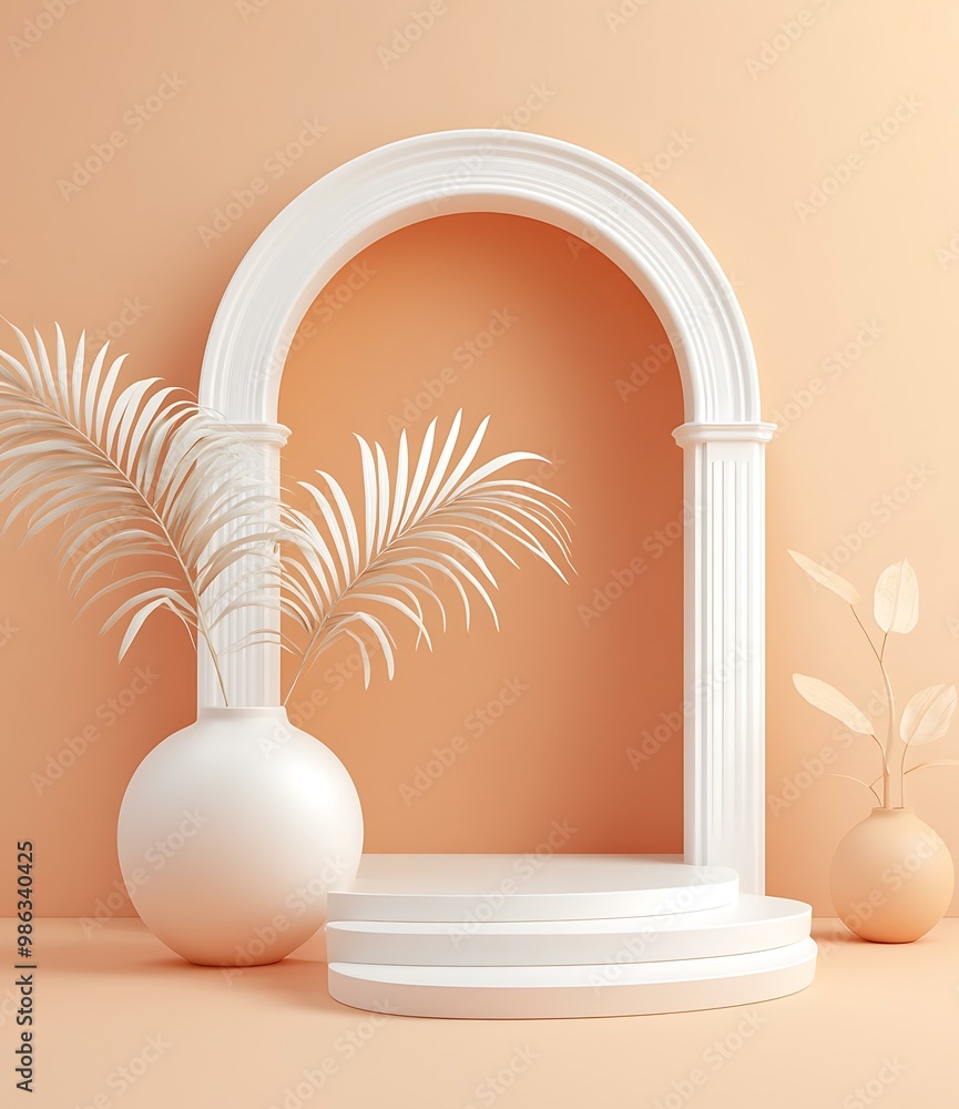 Poster Minimalist 3D Render of a White Archway with a Platform and Palm Trees