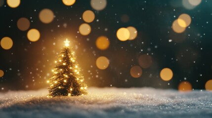 A beautifully lit Christmas tree adorned with lights, surrounded by soft snowfall and a dreamy bokeh background, evoking a cozy holiday atmosphere.