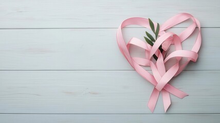 Heart shape made of pink ribbons, symbolizing love and support for breast cancer patients