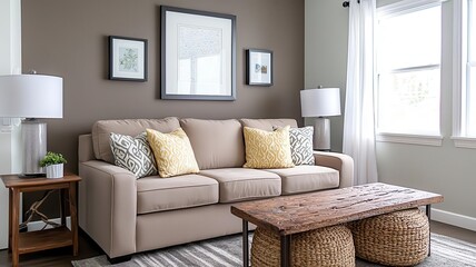 Living room with chocolate brown walls, a soft beige sofa, and warm-toned lighting for a cozy atmosphere   warm living space, elegant design