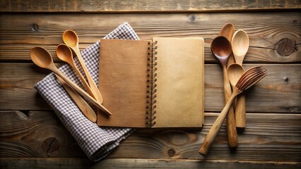 A rustic recipe book surrounded by wooden spoons for a cozy cooking vibe