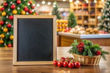 Festive chalkboard display beside a decorative basket of greenery and red tomatoes during the holiday season in a cozy market setting. Mock up for business.
