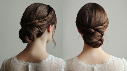 Neatly styled twisted bun with a braid, step-by-step tutorial for long hair in an elegant hairstyle photo.